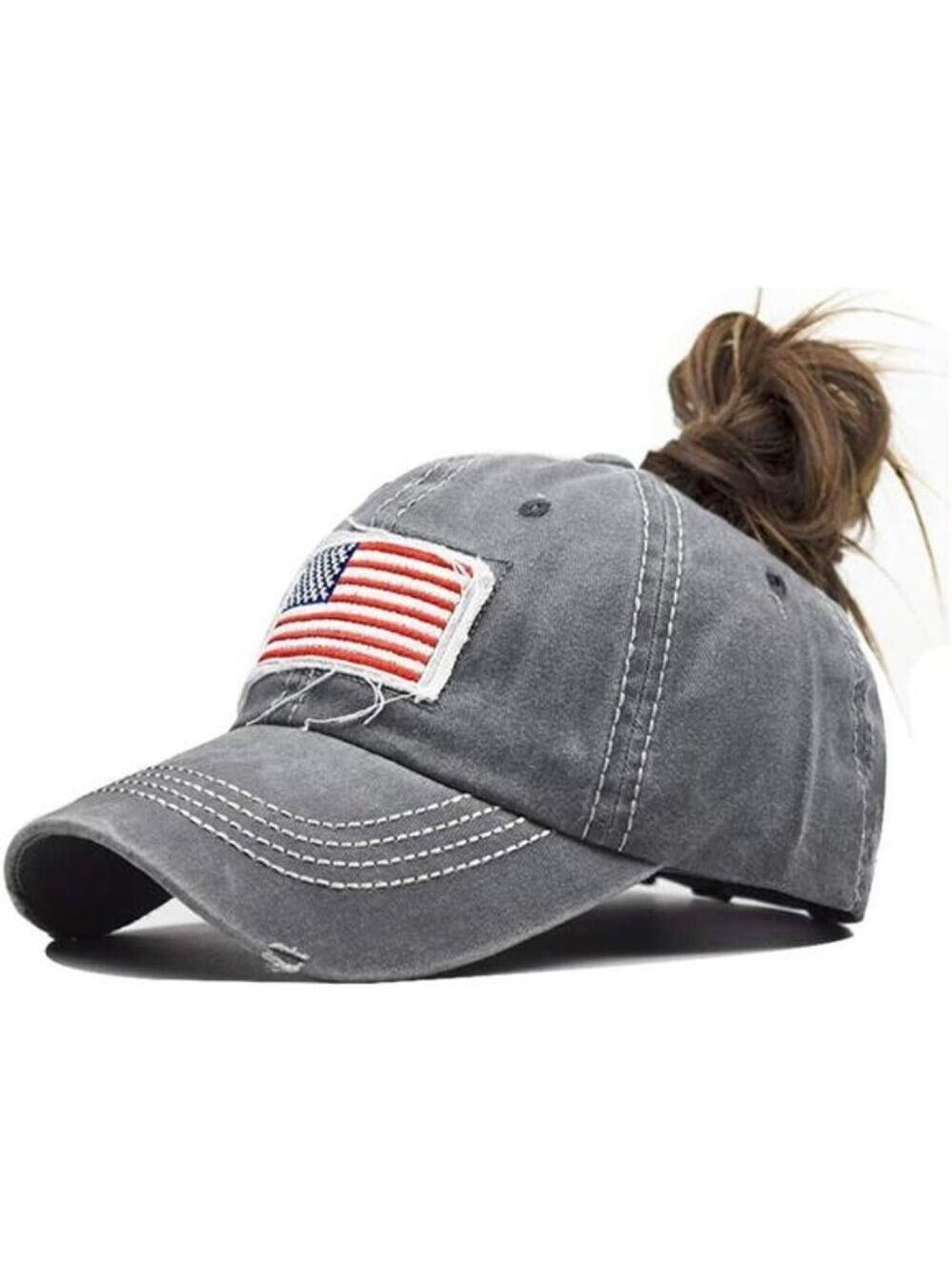 Womens Ponytail Hat Distressed Baseball Cap American Flag High Bun Adjustable